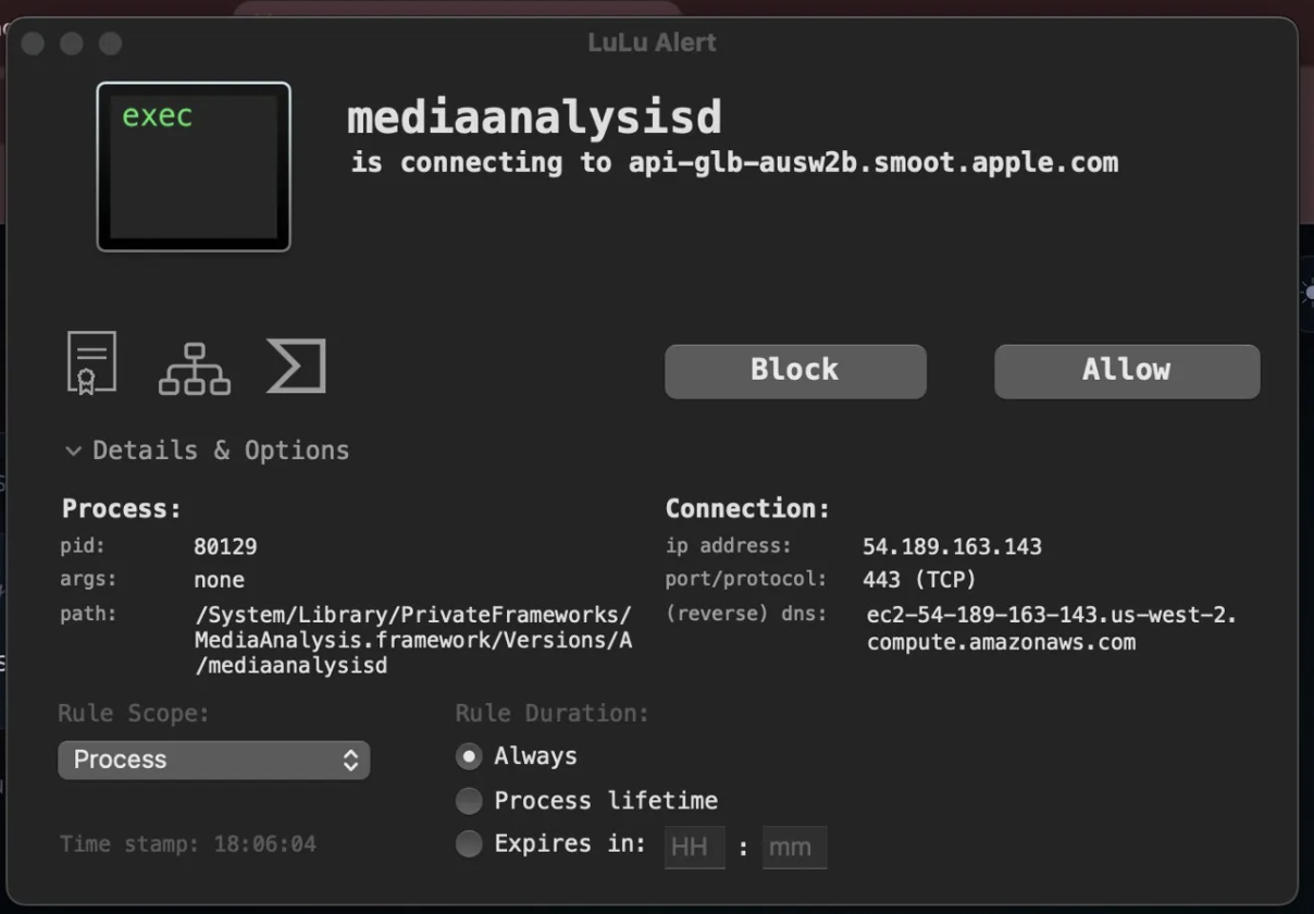 LuLu firewall alert showing mediaanalysisd connecting to api-glb-ausw2b.smoot.apple.com on IP 54.189.163.143, reverse DNS ec2-54-189-163-143.us-west-2.compute.amazonaws.com