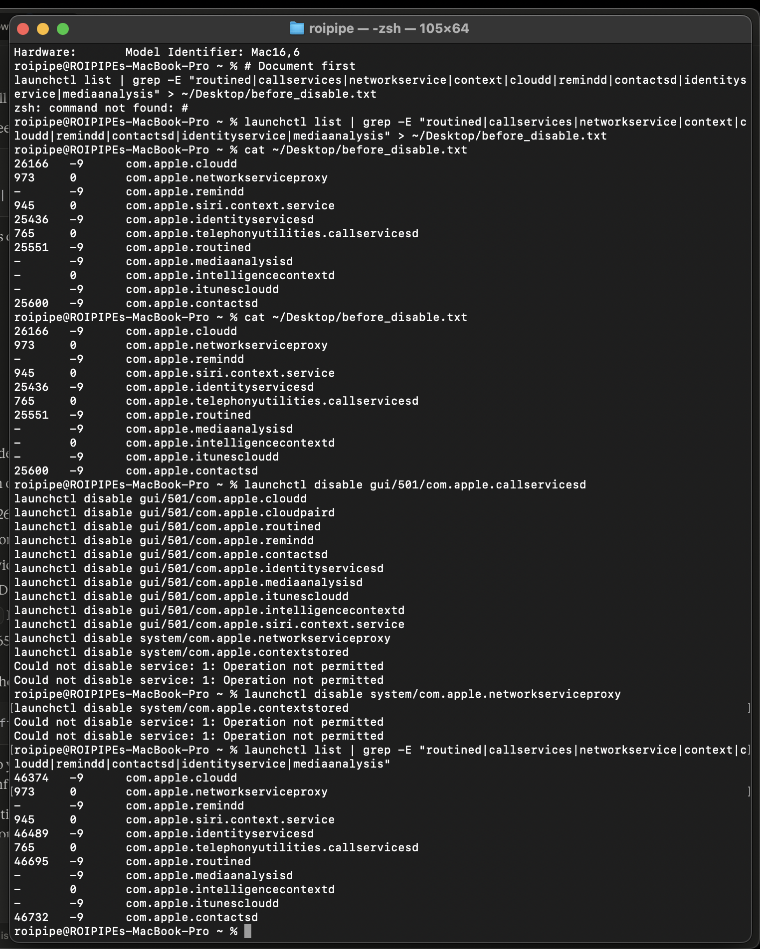 Terminal showing Apple daemons persisting after iCloud signout, with launchctl disable commands returning Operation not permitted