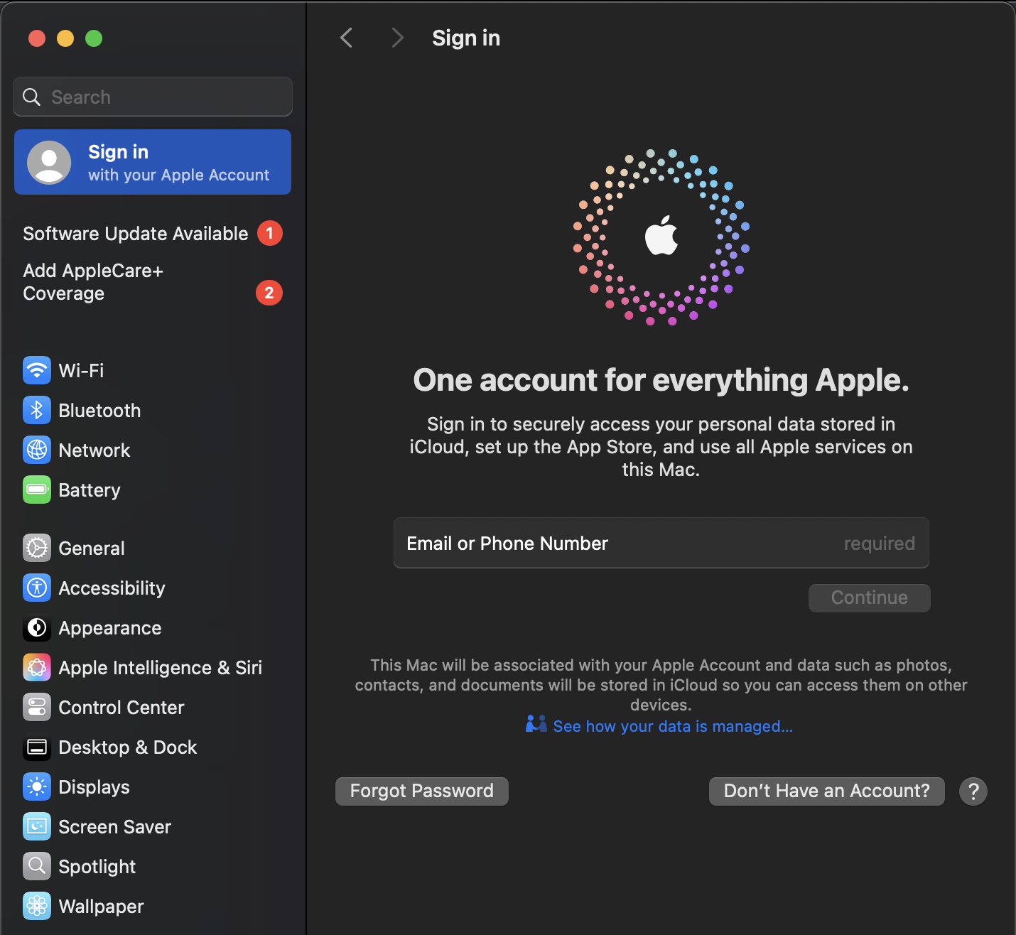 macOS System Settings showing no Apple account signed in
