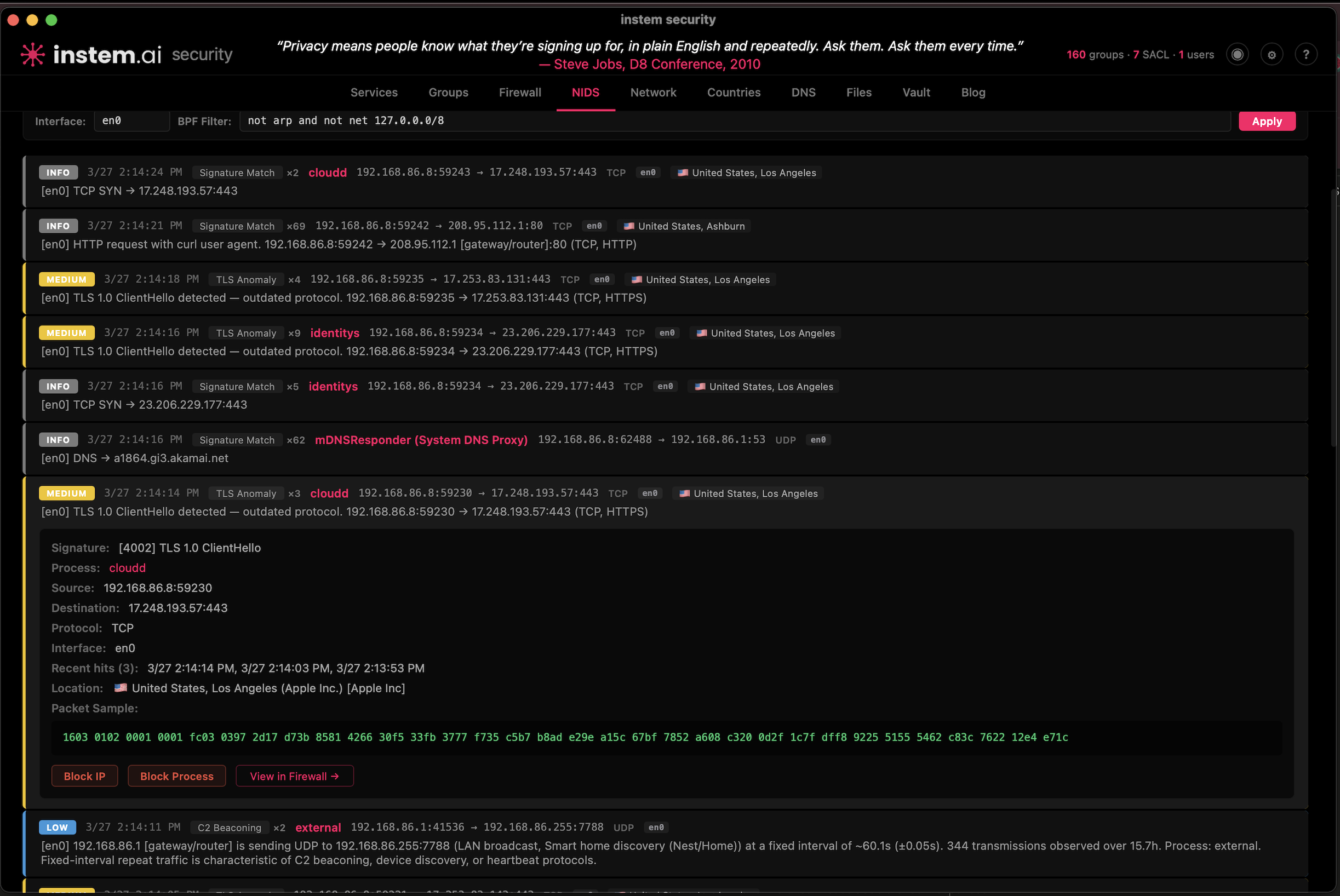 instem.ai security monitor showing cloudd process making multiple outbound TLS connections to Apple servers despite no Apple Account being signed in