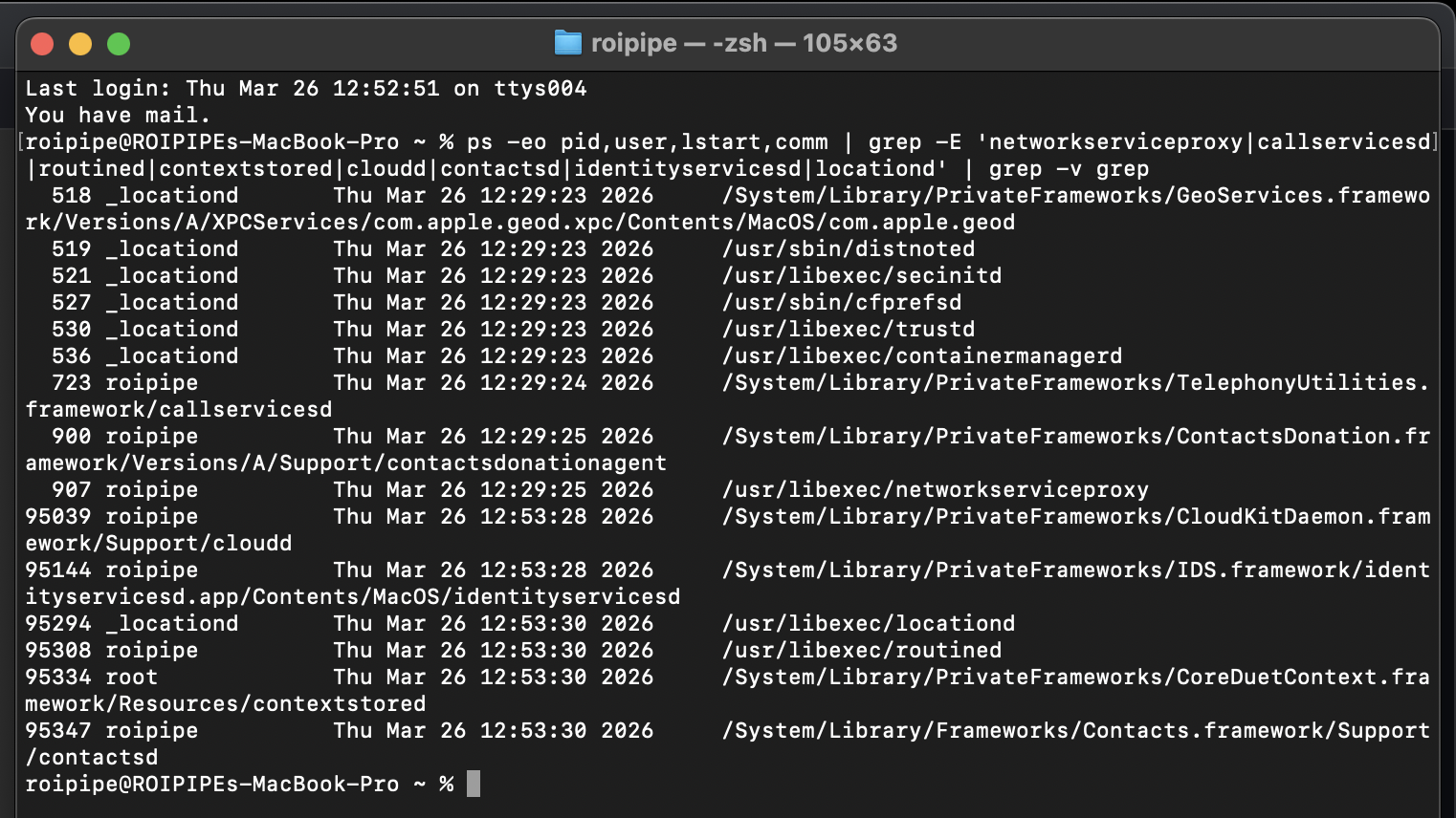 Terminal showing all Apple surveillance daemons running after fresh boot with no iCloud account