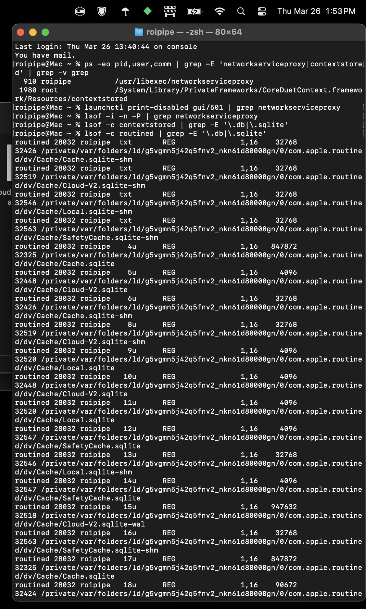 Terminal lsof output showing routined with Cloud-V2.sqlite, Local.sqlite, Cache.sqlite, and SafetyCache.sqlite all open with active write-ahead logs and no iCloud account signed in